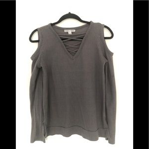 Cold Shoulder Waffle Knit Sweater with Criss-cross